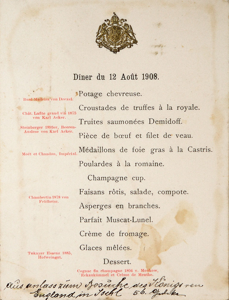 Diner menu for the King of England on the same day