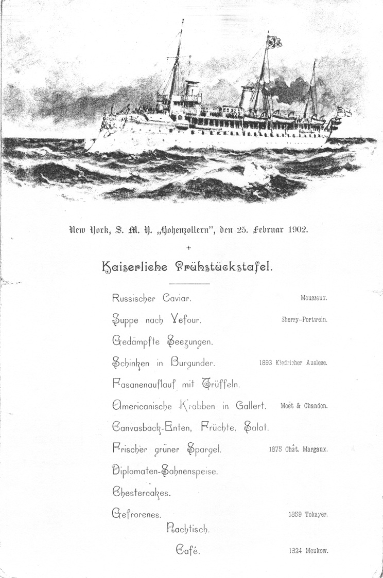 12 course breakfast of German Emperor Wilhelm II. aboard is ship whilst in New York.