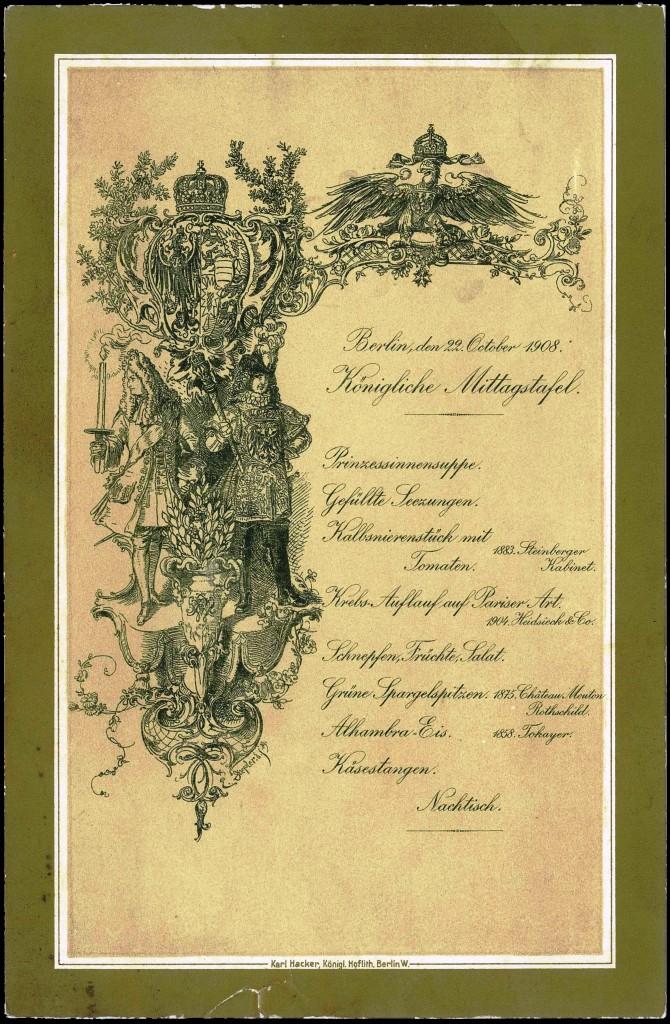 Wedding menu of German Emperor Wilhelm II son Prince August Wilhelm