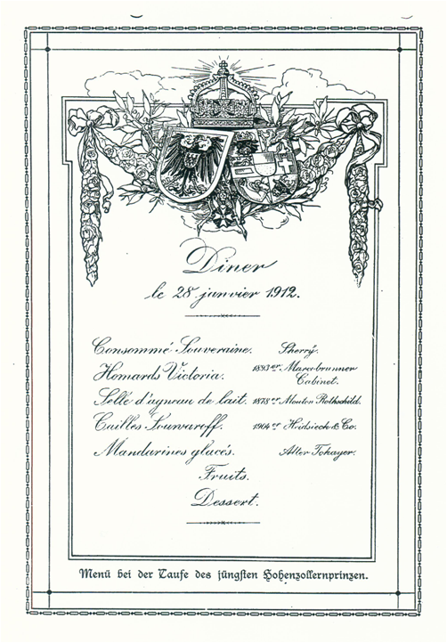 Baptism menu of the youngest son of German Emperor Wilhem II.