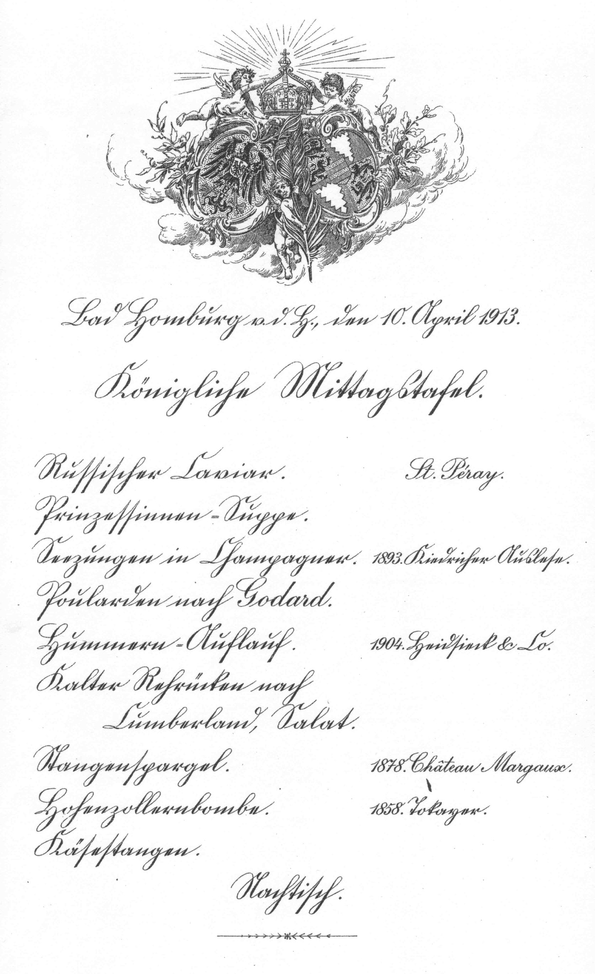 Lunch menu of German Emperor Wilhelm II