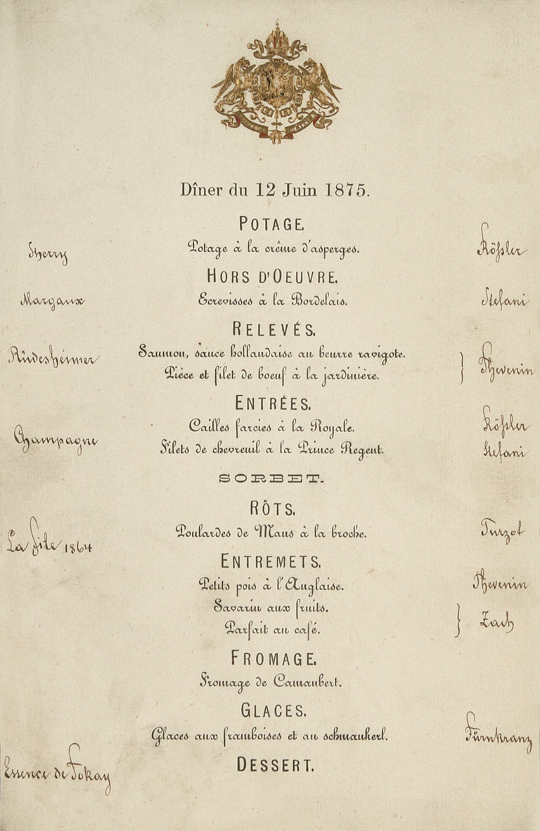 Dinner menu a the Habsburg Court with the names of the cooks in the right column.