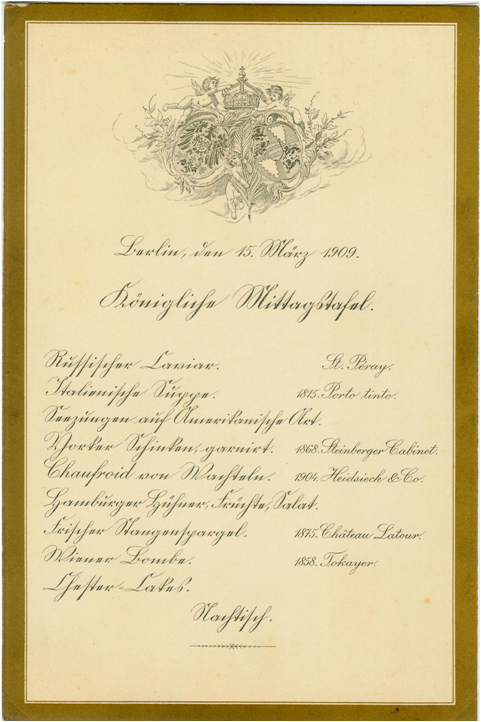 Lunch menu of German Emperor Wilhelm II.