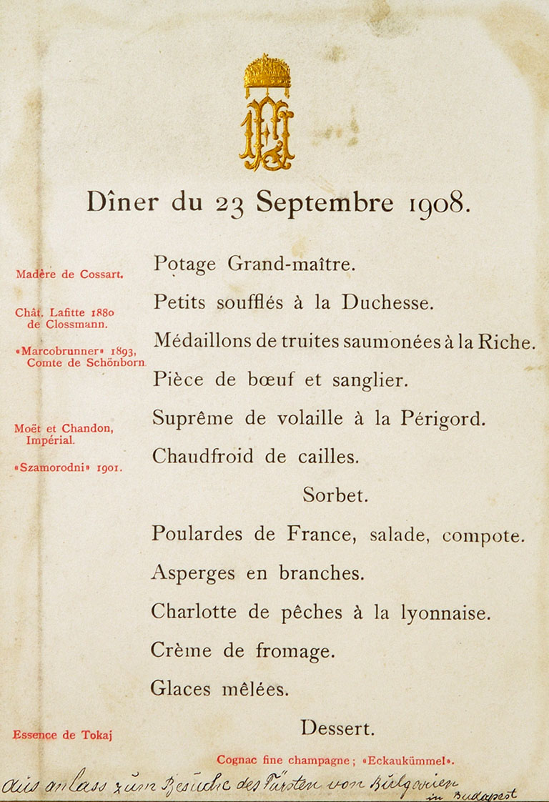 Dinner menu for the Prince of Bulgaria, again in the role of the Hungarian King as can be seen at the Hungarian crown in the Coat of Arms.